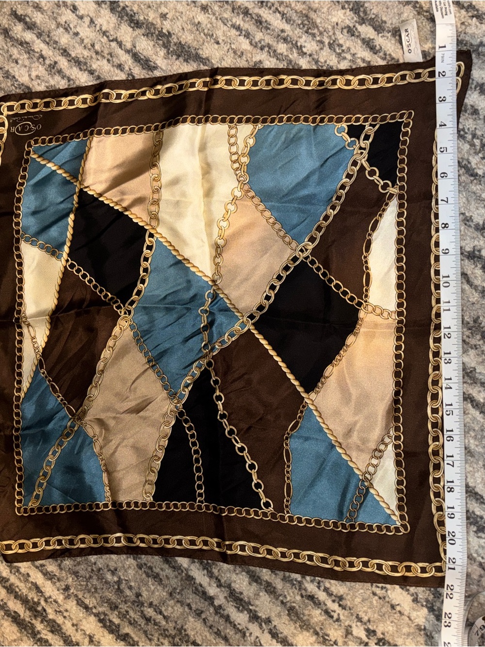 Oscar de la Renta Brown, Blue & Cream Chain-Print 100% Silk Scarf